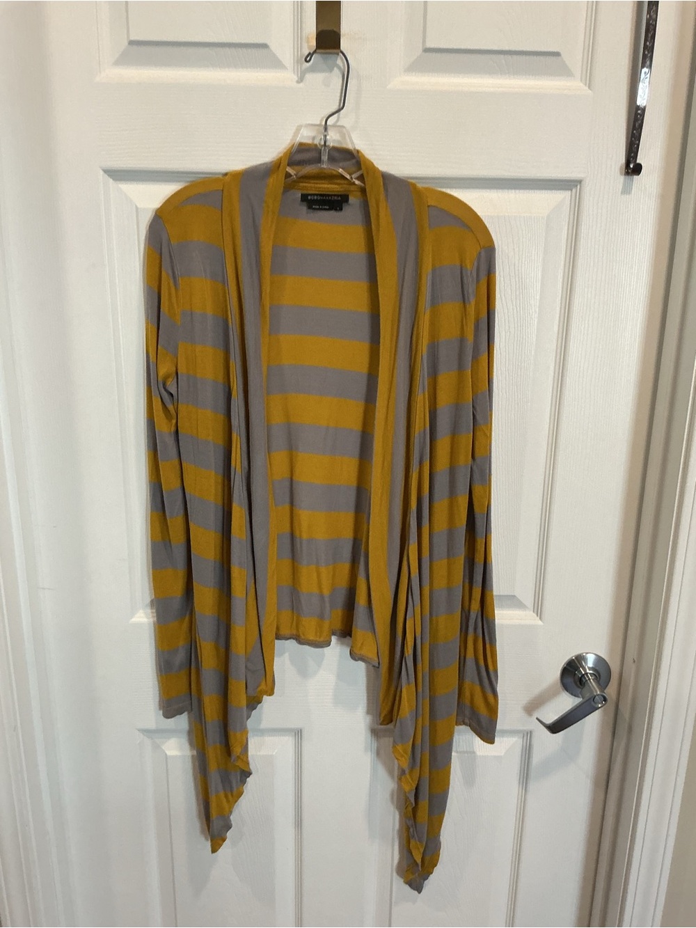 BCBGMaxAzria Mustard and Gray Striped Open-Front Cardigan
